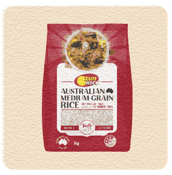オーストラリアのお米・Sunrise Medium Grain Riceのパッケージ。